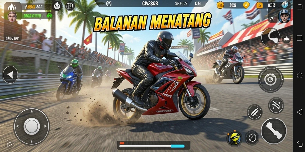 Gameplay seru dan menarik di CW8888 dengan balapan motor menantang.